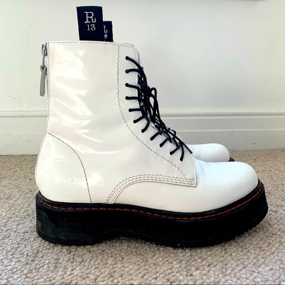 R13 White patent combat boots